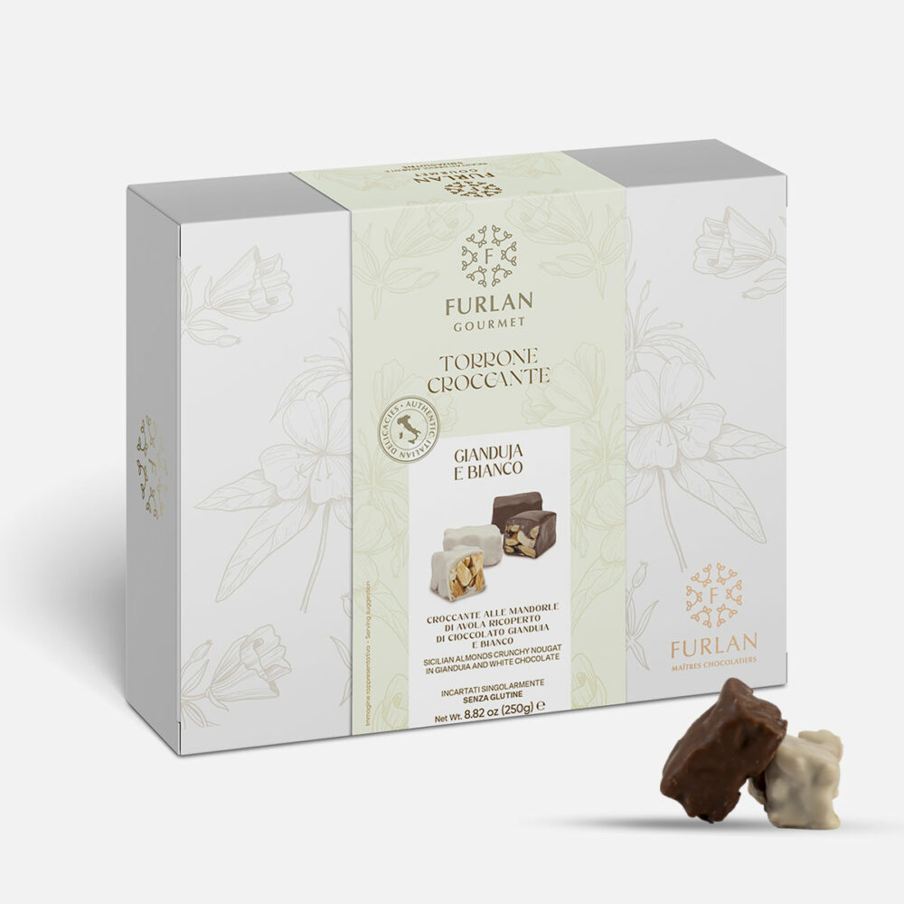 Croccante alle Mandorle di Avola ricoperto di cioccolato gianduia e bianco