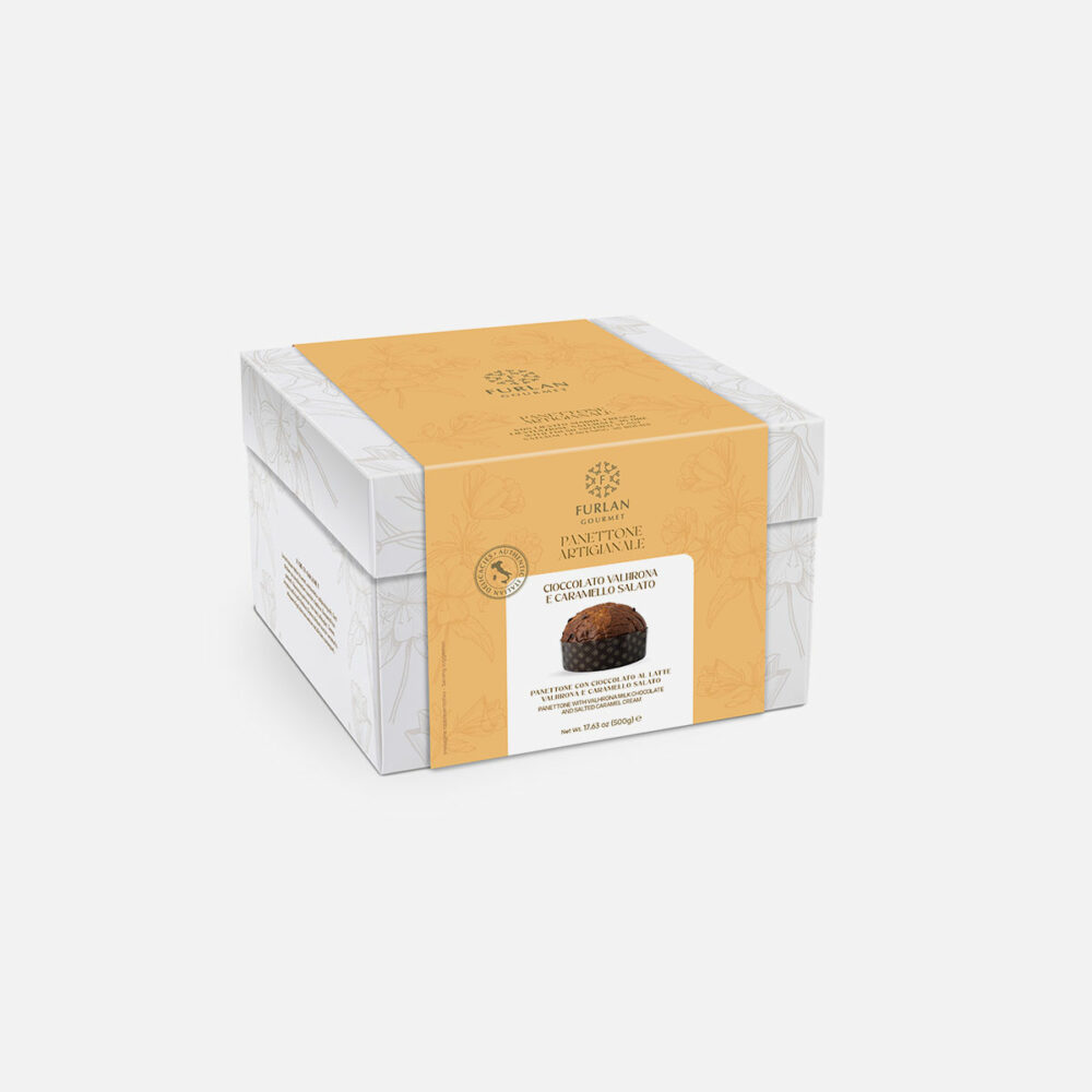 Panettone con cioccolato al latte Valhrona e caramello salato