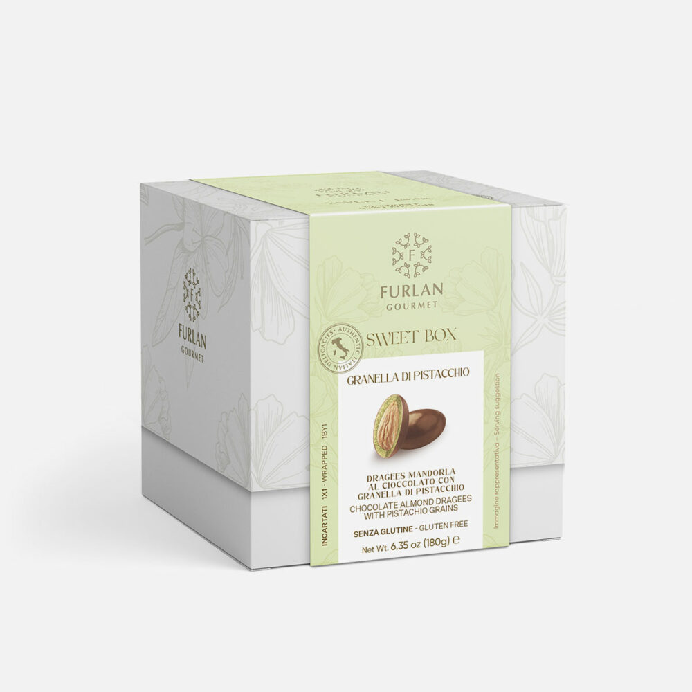 Dragees mandorla al cioccolato con granella di pistacchio