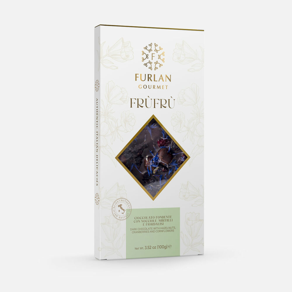 Cioccolato fondente con nocciole, mirtilli e fiordalisi