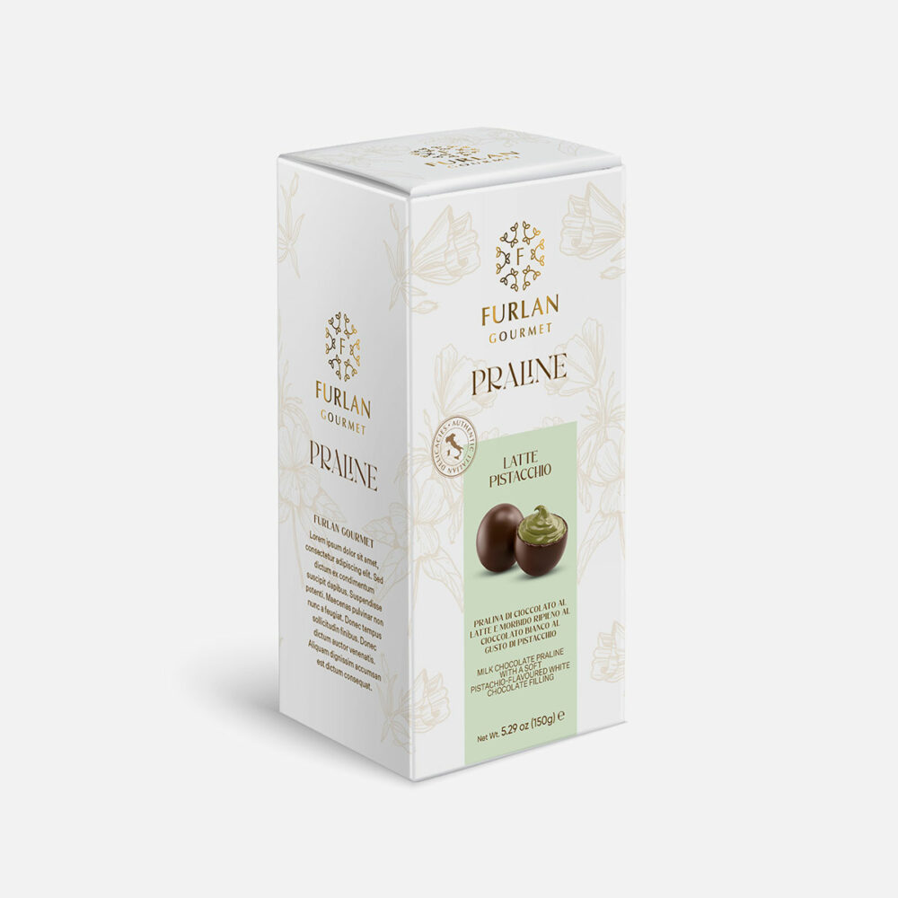 Pralina di cioccolato al latte e morbido ripieno al cioccolato bianco al gusto di pistacchio - Box