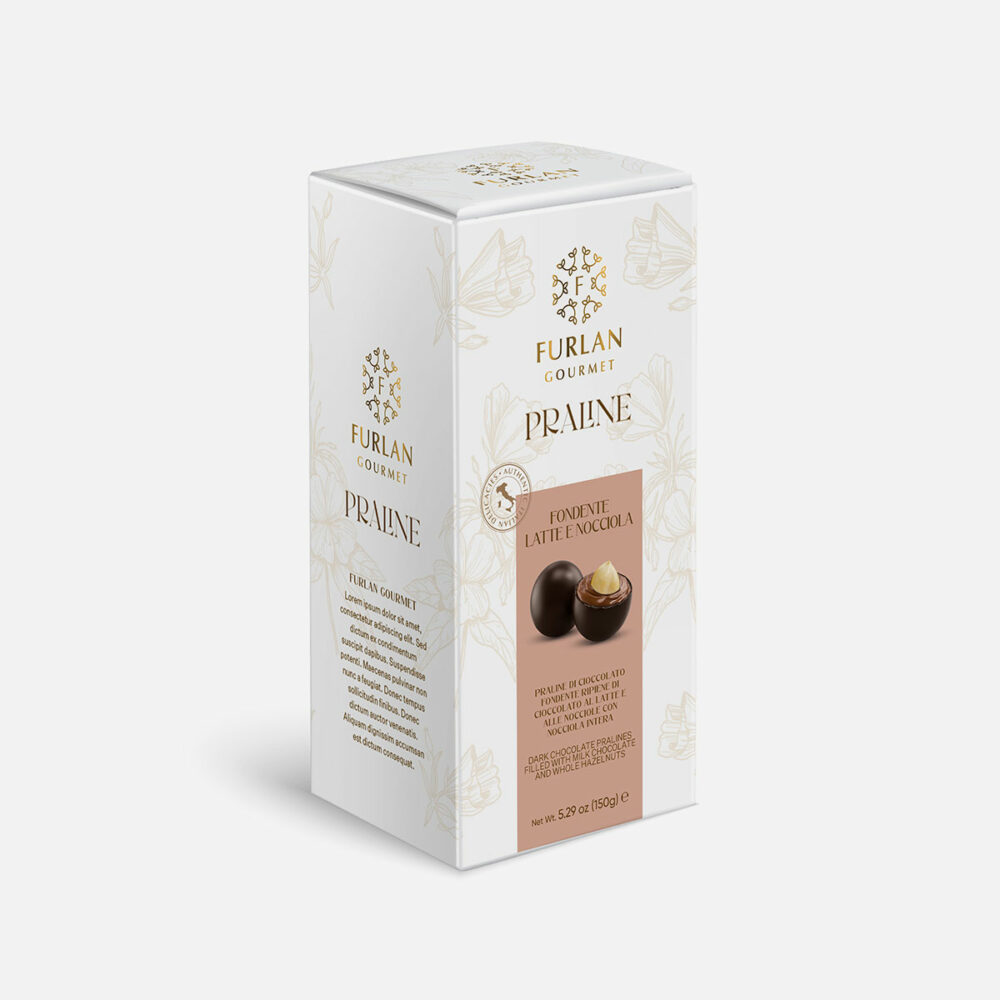 Praline di cioccolato fondente ripiene di cioccolato al latte e alle nocciole con nocciola intera - Box