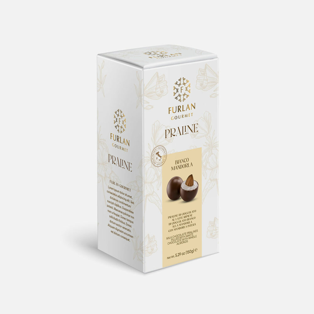 Praline di cioccolato al latte ripiene di cioccolato bianco alla mandorla con mandorla intera -Box