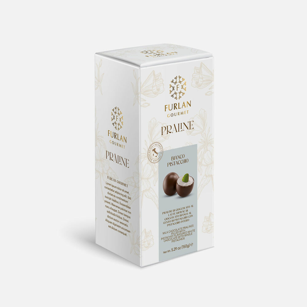 Praline di cioccolato al latte ripiene di cioccolato bianco con pistacchio intero - Box