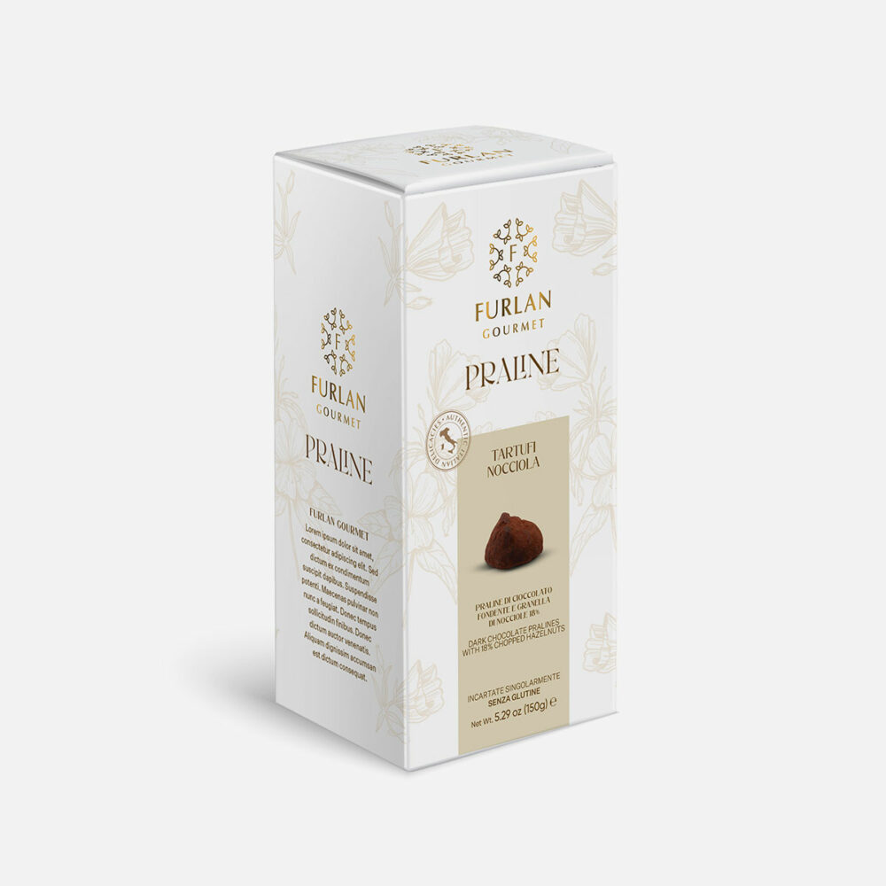 Praline di cioccolato fondente con granella di nocciole 18% ricoperte con polvere di cacao - Box