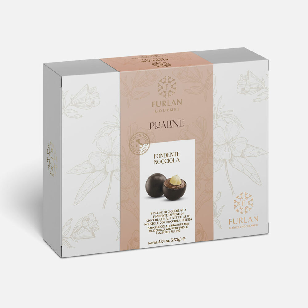 Praline di cioccolato fondente ripiene di cioccolato al latte e alle nocciole con nocciola intera
