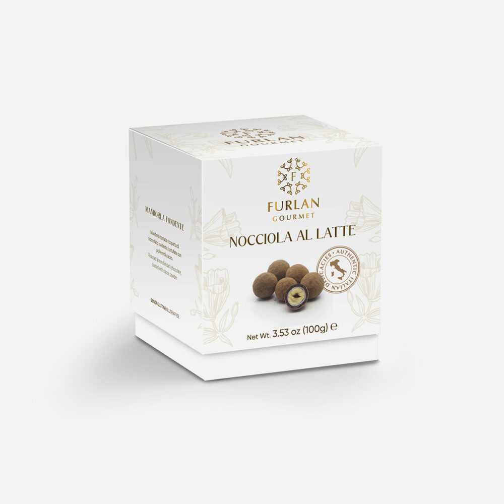 Nocciole tostate ricoperte di cioccolato al latte e tartufate con polvere di cacao