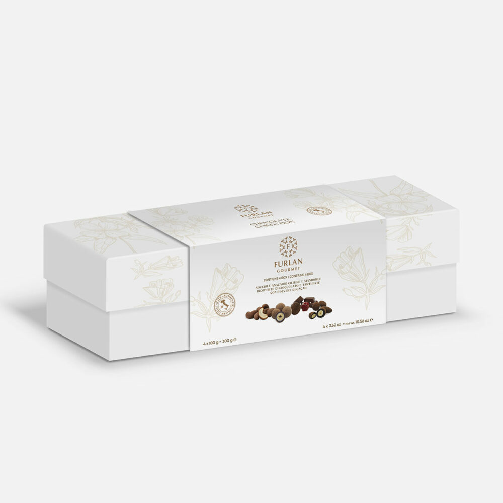 Nocciole Anacardi Ciliegie e Mandorle ricoperte di cioccolato e tartufate con polvere di cacao