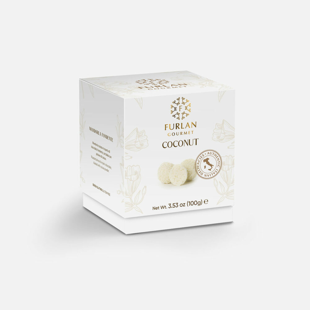 Cubetto di cocco ricoperto di cioccolato fondente e bianco e tartufato con polvere di cocco