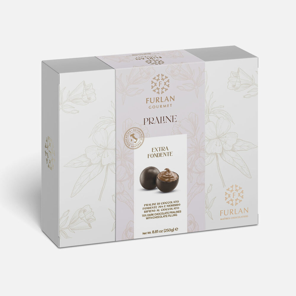 Praline di cioccolato fondente 70% e morbido ripieno al cioccolato