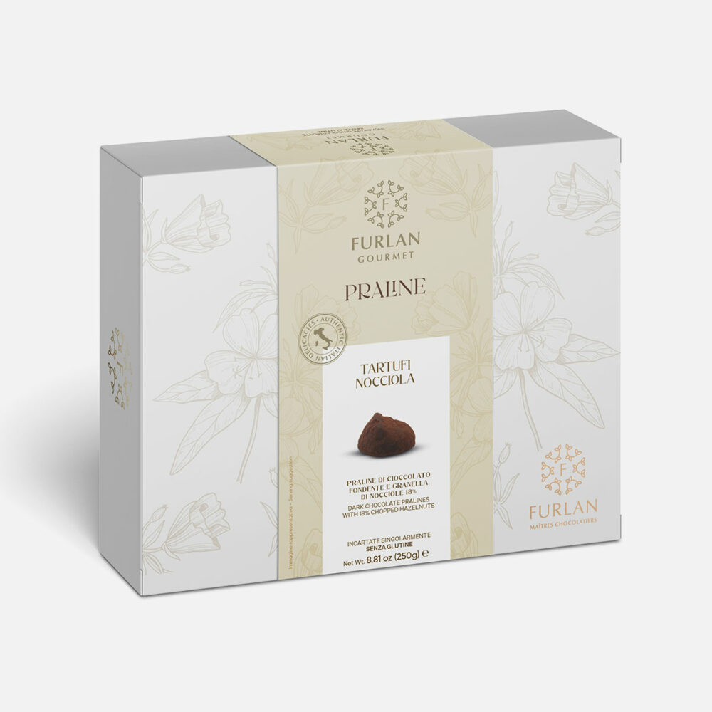 Praline di cioccolato fondente con granella di nocciole 18% ricoperte con polvere di cacao