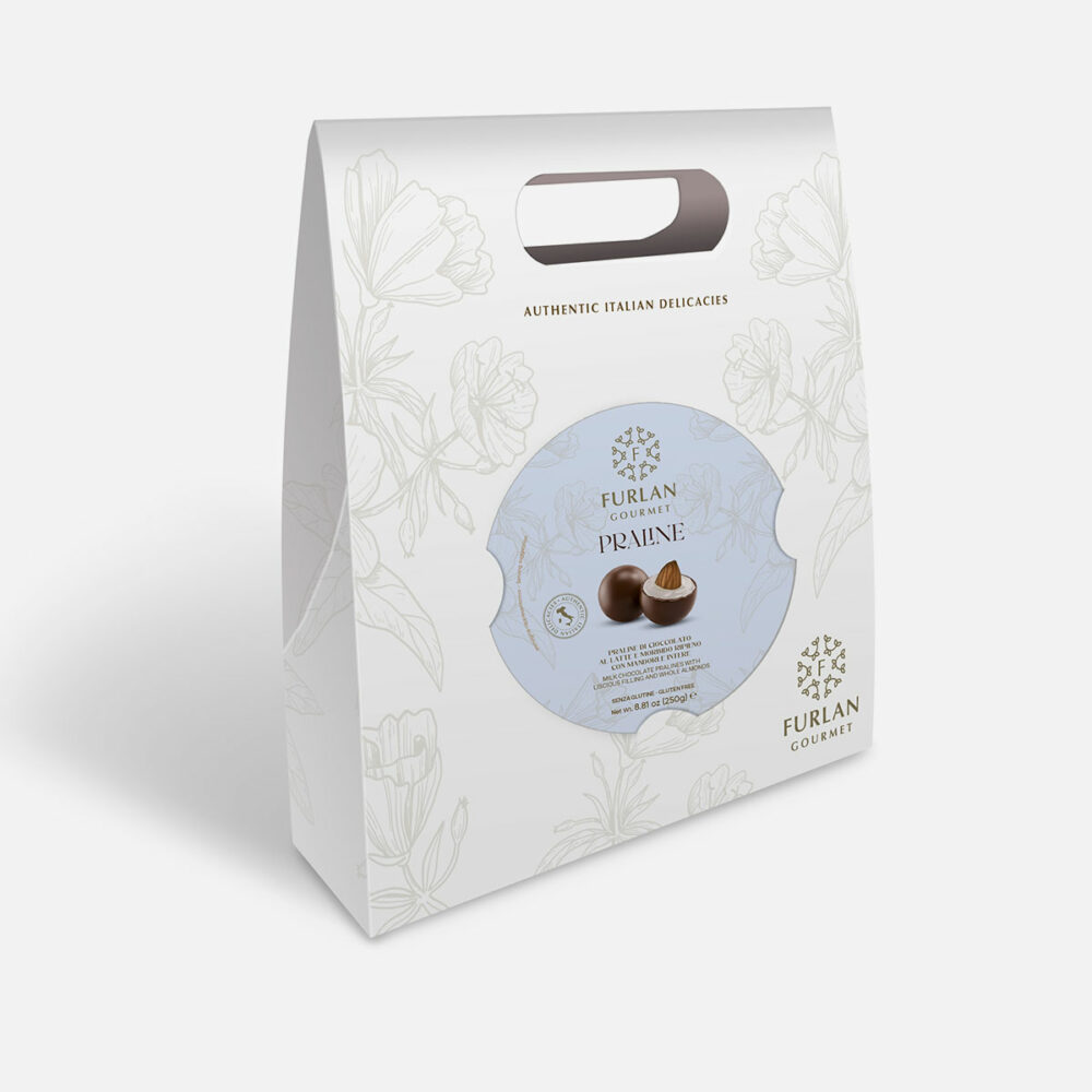 Praline di cioccolato al latte ripiene di cioccolato bianco al gusto di mandorla con mandorla intera - Bag