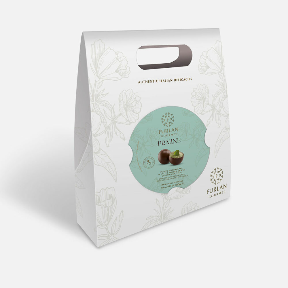 Praline di cioccolato al latte ripiene di cioccolato bianco al gusto di pistacchio con pistacchio intero - Bag